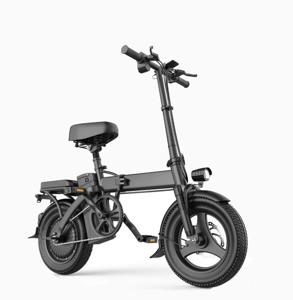 Aairsk F6 black folding electric bike shown at a three-quarter angle with fat tires, front headlight and folded frame hinge