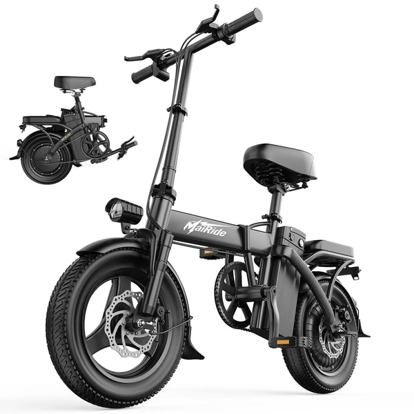 Zwarte Aairsk F6 opvouwbare elektrische fiets in zijaanzicht met een ingezette close-up van de volledig opgevouwen fiets