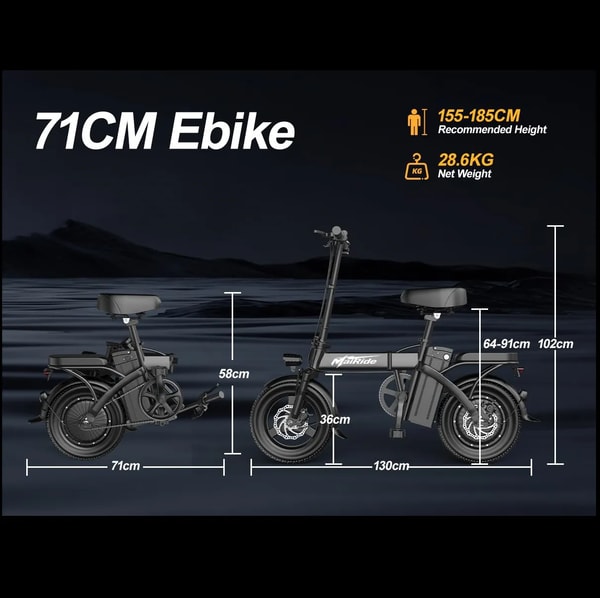 Aairsk F6 opgevouwen en uitgevouwen afmetingen diagram dat 71 cm opgevouwen lengte, totale hoogte en aanbevolen rijderslengte toont