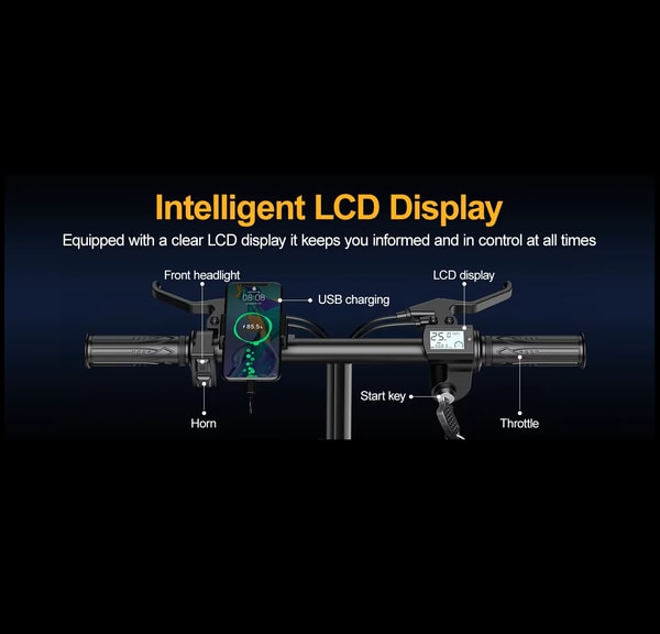 Aairsk F6 stuurdiagram met labels voor de voorste koplamp, usb-oplaadpoort, claxon, lcd-display, startsleutel en gashendel