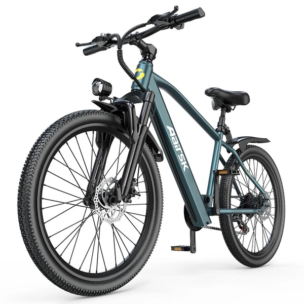 Aairsk GT300 blue electric fat bike shown from the front three-quarter angle with front suspension, headlight and disc brakes