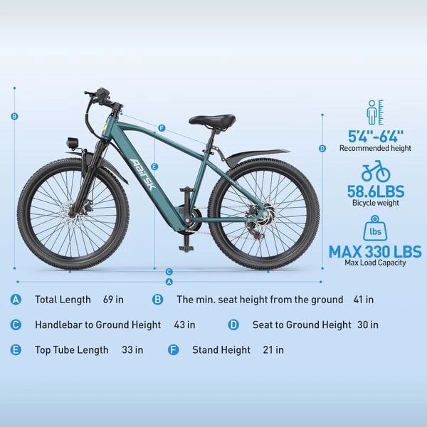 Aairsk GT300 afmetingen diagram dat 69 inch totale lengte, 43 inch stuurhoogte, 41 inch minimale zadelhoogte, 58,6 pond fietsgewicht en 330 pond laadvermogen toont