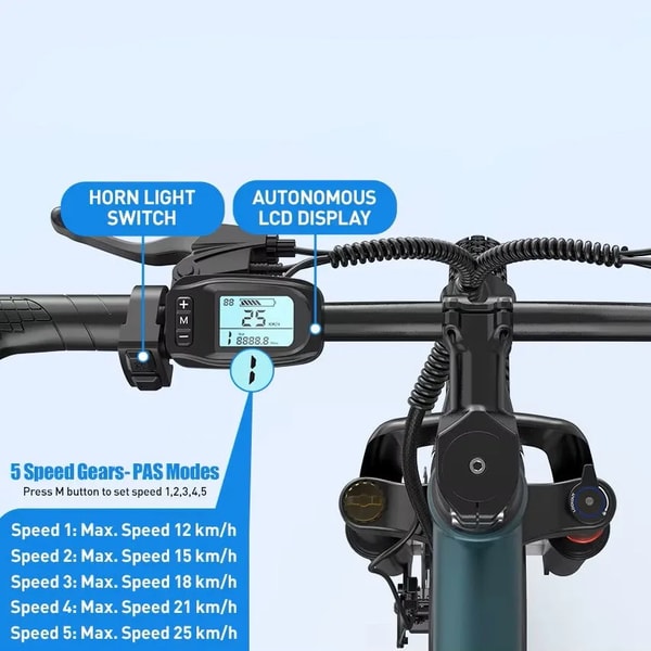 Aairsk GT300 stuurbediening grafiek die de claxon- en lichtschakelaar, het lcd-display en vijf trapondersteuningsniveaus toont