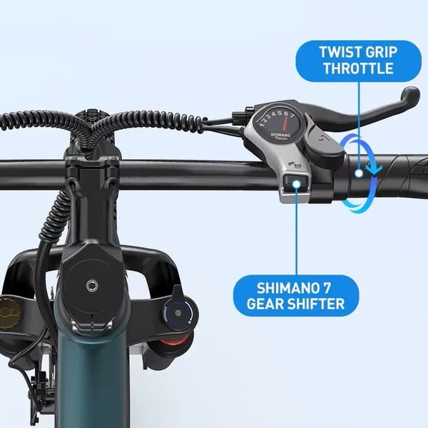 Aairsk GT300 stuurbediening close-up die de draaigashendel en Shimano 7-versnellingschakelaar toont