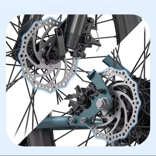 Aairsk GT300 mechanische schijfremremschijven en remklauwen voor en achter getoond in een close-up functiegrafiek