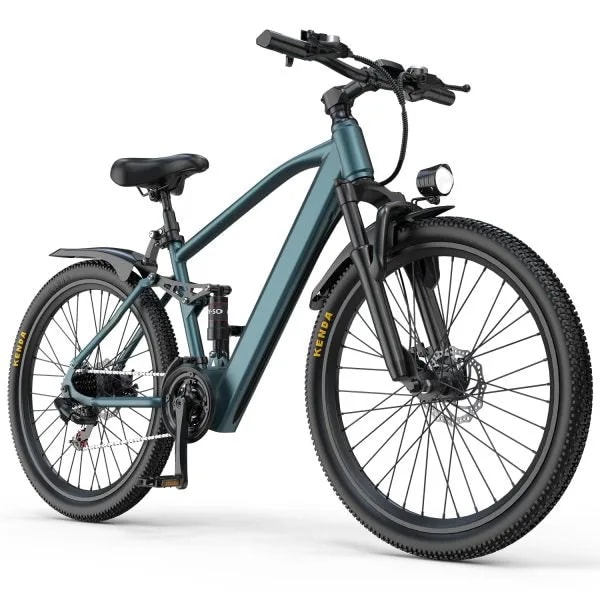 Aairsk GT900 Blue electric mountain bike shown from the front three-quarter angle with full suspension, fat tires, front light and disc brakes