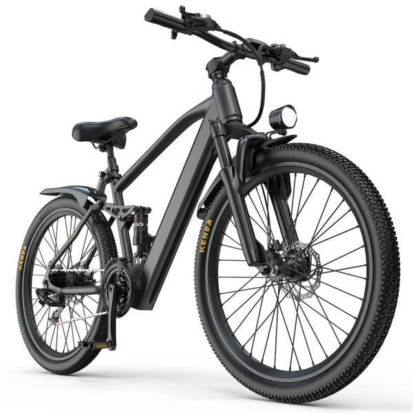 Zwarte Aairsk GT900 elektrische mountainbike getoond vanuit een driekwart vooraanzicht met volledige vering, fatbike banden, koplamp en schijfremmen