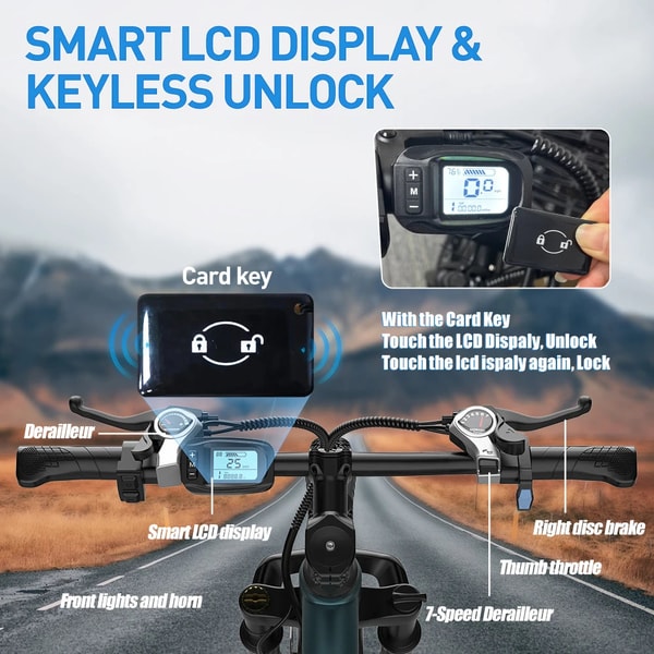 Aairsk GT900 slimme lcd-display en keyless unlock grafiek die de kaart-sleutel, lcd-scherm, voorlichten, claxon, duimgashendel, schijfrem en 7-versnellingsderailleur toont