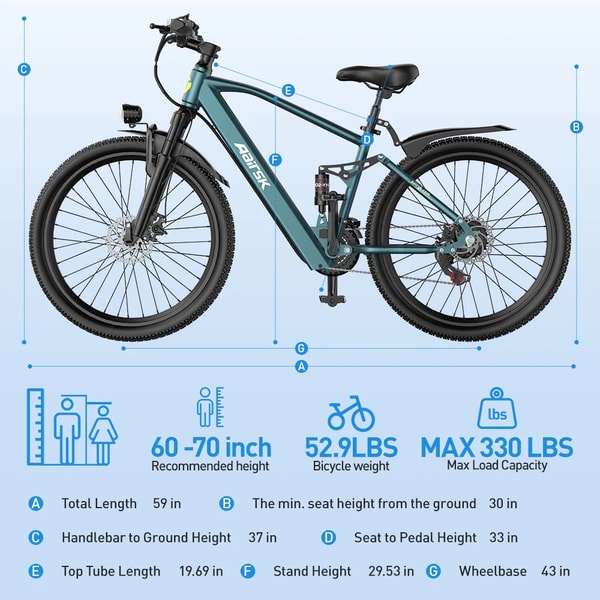 Aairsk GT900 afmetingen grafiek die de blauwe elektrische mountainbike, aanbevolen rijderslengte, 24 kilogram fietsgewicht, 150 kilogram maximaal laadvermogen en frame-afmetingen toont