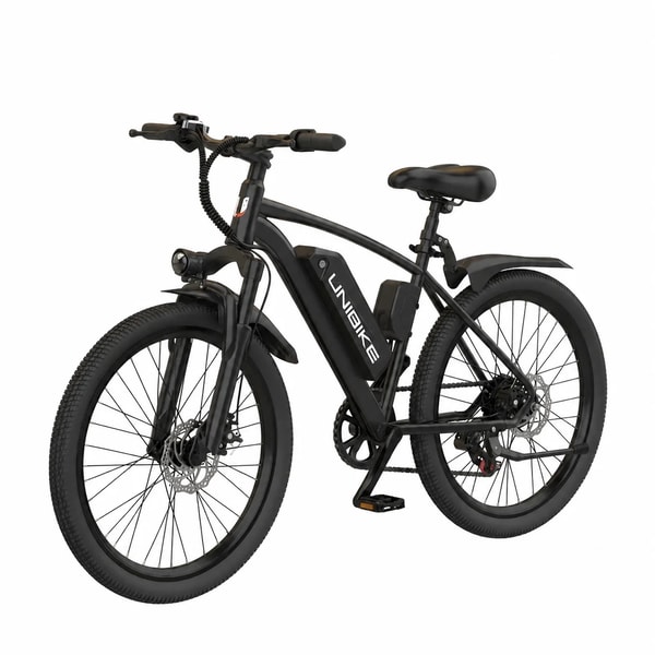 Black Aairsk Q7 electric fat bike shown from the front three-quarter angle with front suspension, full fenders, headlight, removable battery and disc brakes