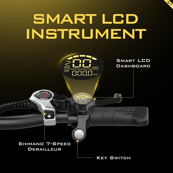 Aairsk Q7 slimme lcd-instrument grafiek die het lcd-dashboard, Shimano 7-versnellingsderailleur en contactsleutelschakelaar op het stuur toont