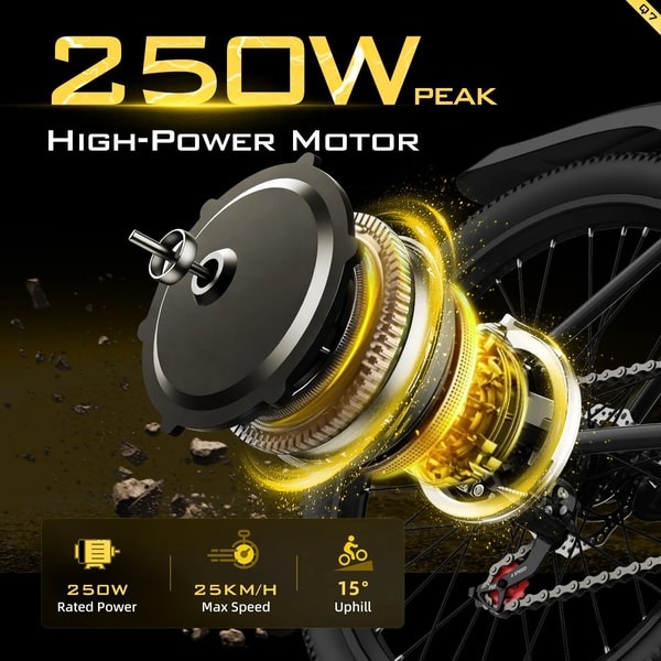 Aairsk Q7 motorspecificatie grafiek die een 250 watt krachtige motor, 25 kilometer per uur maximale snelheid en 15 graden klimvermogen toont