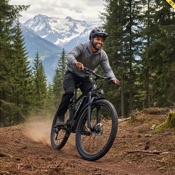 Rijder met helm op een zwarte Aairsk Q7 elektrische fatbike op een bospad met bergen op de achtergrond