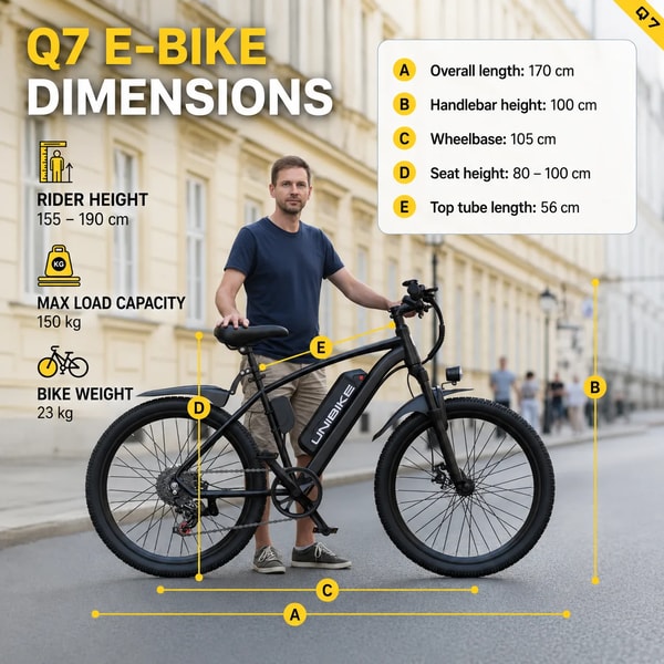 Aairsk Q7 afmetingen grafiek die 170 centimeter totale lengte, 100 centimeter stuurhoogte, 105 centimeter wielbasis, 80 tot 100 centimeter zadelhoogte, 155 tot 190 centimeter rijderslengte en 150 kilogram maximaal laadvermogen toont