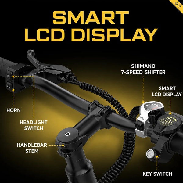 Aairsk Q7 slimme lcd-display grafiek die de stuurbediening, Shimano 7-versnellingschakelaar, koplampschakelaar, claxon en contactsleutelschakelaar toont