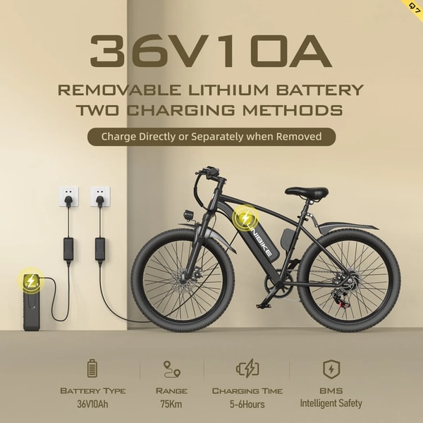 Aairsk Q7 accu grafiek die een verwijderbare 36 volt 10 ampère-uur lithiumaccu, twee oplaadmethoden, 75 kilometer actieradius, vijf tot zes uur oplaadtijd en accubeheerveiligheid toont