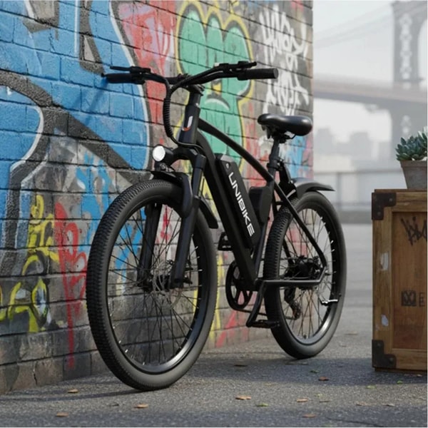Zwarte Aairsk Q7 elektrische fatbike buiten getoond naast een kleurrijke graffiti muur met koplamp, volledige spatborden, verwijderbare accu en brede banden