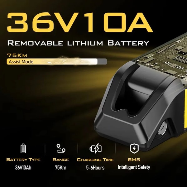 Aairsk Q7 verwijderbare lithiumaccu grafiek die 36 volt 10 ampère-uur capaciteit, 75 kilometer ondersteuningsbereik, vijf tot zes uur oplaadtijd en intelligente accuveiligheid toont