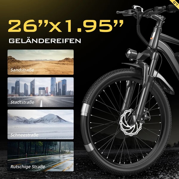 Aairsk Q7 banden grafiek die 26 bij 1,95 inch terreinbanden toont voor zand, stadswegen, sneeuw en gladde wegen