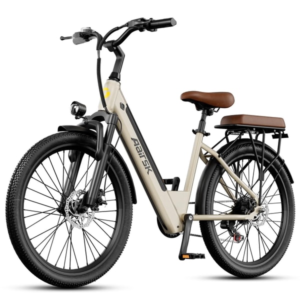 Aairsk S600 khaki electric bike shown from the front three-quarter angle with brown comfort seats, full fenders, front suspension and rear rack