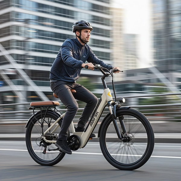 Aairsk S600 elektrische fiets bereden door een man met helm door een moderne stadsstraat met bewegingsvervaagde gebouwen
