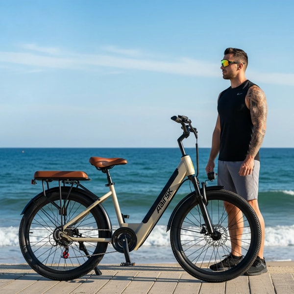 Khaki Aairsk S600 elektrische fiets geparkeerd naast een man op een zonnige kustpromenade met de oceaan op de achtergrond