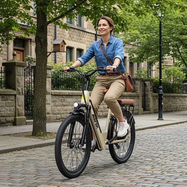 Aairsk S600 elektrische fiets bereden door een vrouw langs een met bomen omzoomde klinkerstraat in een woonwijk