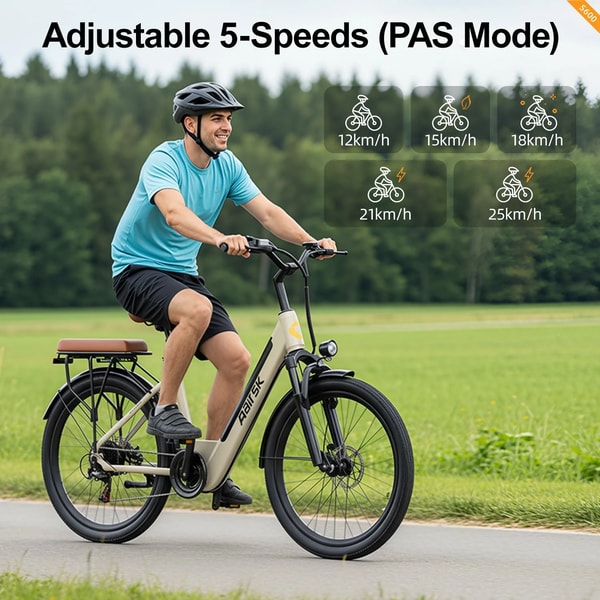 Aairsk S600 elektrische fiets bereden door een man met helm op een verharde parkweg met vijf trapondersteuningsniveaus getoond in de grafiek