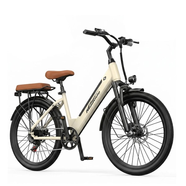 Khaki Aairsk S600 elektrische fiets getoond in zijaanzicht met 26 inch banden, voorste koplamp, voorvork en achterste bagagedrager