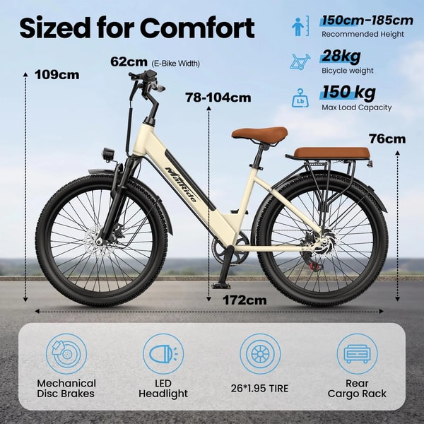 Aairsk S600 afmetingen grafiek die 172 centimeter lengte, 109 centimeter hoogte, 62 centimeter breedte, verstelbare zadelhoogte, rijderslengte, fietsgewicht en maximaal laadvermogen toont