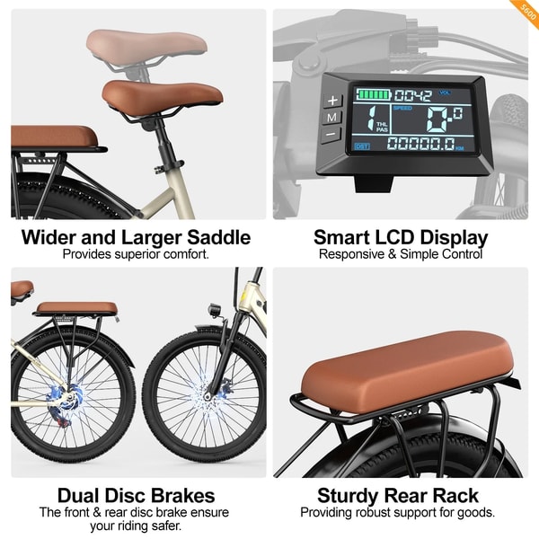 Aairsk S600 functiecollage die het bredere zadel, slim lcd-display, dubbele schijfremmen en stevige achterste bagagedrager toont