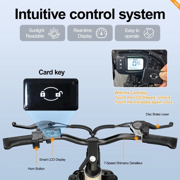 Aairsk S600 stuurbediening grafiek die het in zonlicht afleesbare lcd-display, kaart-sleutelslot, claxonknop, schijfremhendel en Shimano zevenversnellingsderailleur toont