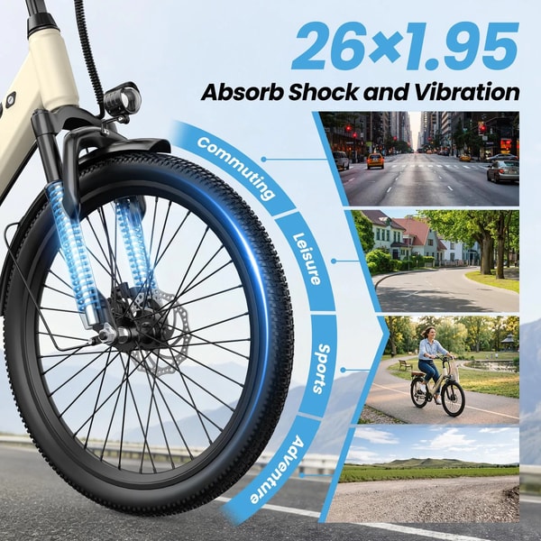 Aairsk S600 26 bij 1,95 inch banden grafiek die schok- en trillingsdemping toont voor woon-werkverkeer, recreatie, sport en dagelijks rijden