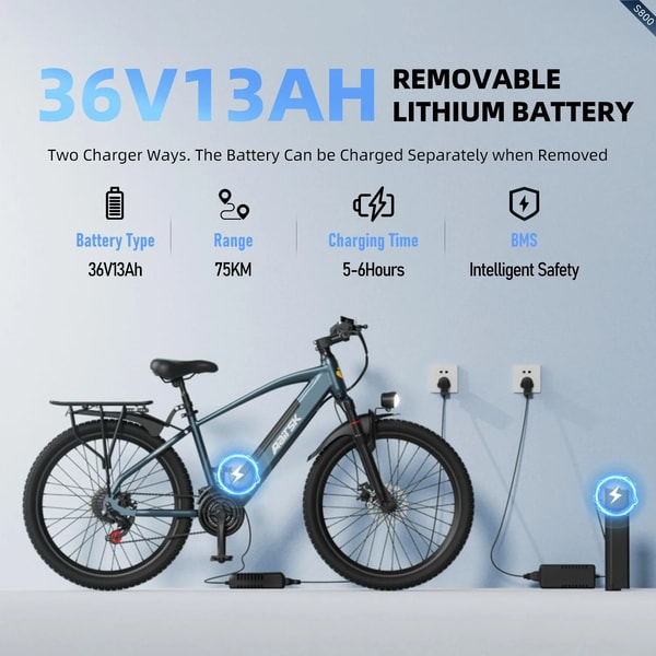 Aairsk S800 removable lithium battery charging illustration showing two charging methods and battery management safety