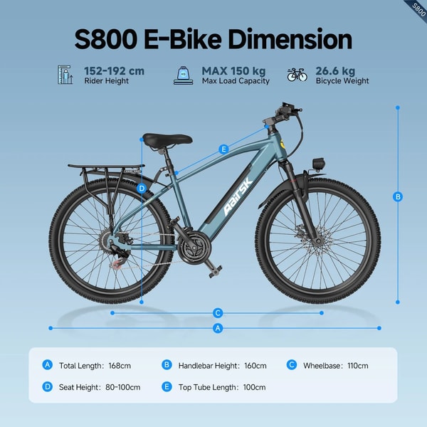 Aairsk S800 elektrische fiets afmetingen diagram dat rijderslengte, maximaal laadvermogen, fietsgewicht, wielbasis en zadelhoogte toont