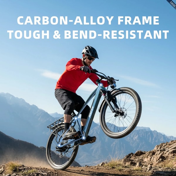 Aairsk S800 elektrische fiets bereden over rotsachtig bergterrein, die het koolstof-legering frame illustreert