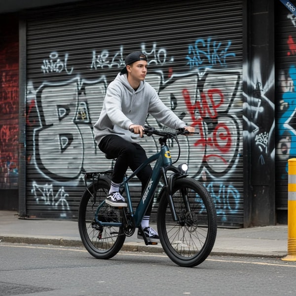 Aairsk S800 elektrische fiets bereden door een stadsstraat voor een met graffiti bedekt gebouw