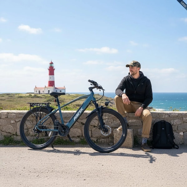 Aairsk S800 elektrische fiets naast een rijder bij een kustvuurtoren en de zee