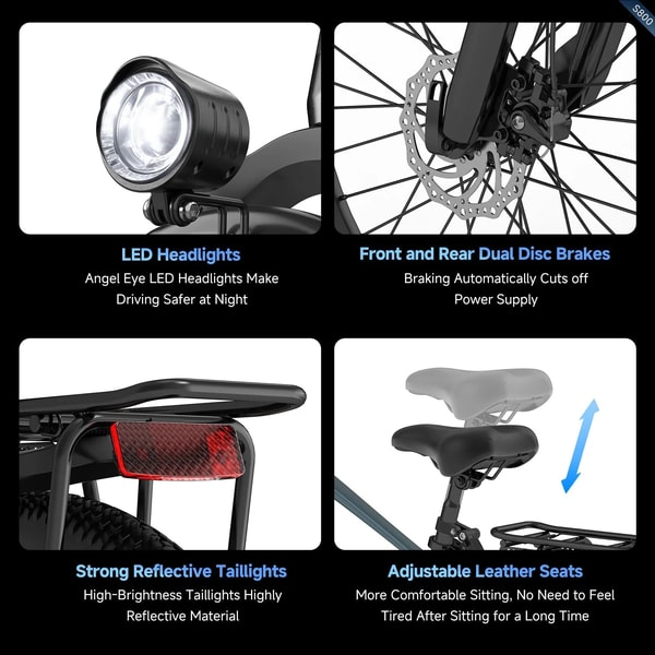 Aairsk S800 functiecollage die de led-koplamp, dubbele schijfremmen, reflecterend achterlicht en verstelbare leren zaden toont