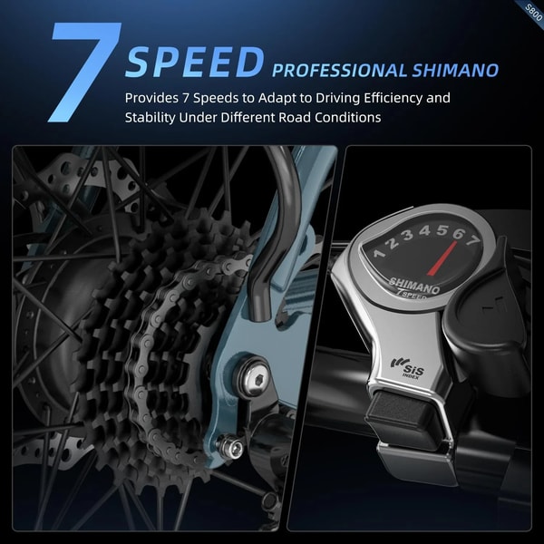 Aairsk S800 Shimano zevenversnellingsaandrijflijn functieafbeelding die de achterste cassette en stuurversnellingschakelaar toont