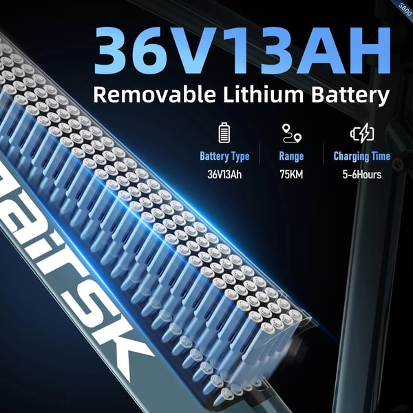 Aairsk S800 removable 36V 13Ah lithium battery illustration showing 75 km range and five to six hour charging time