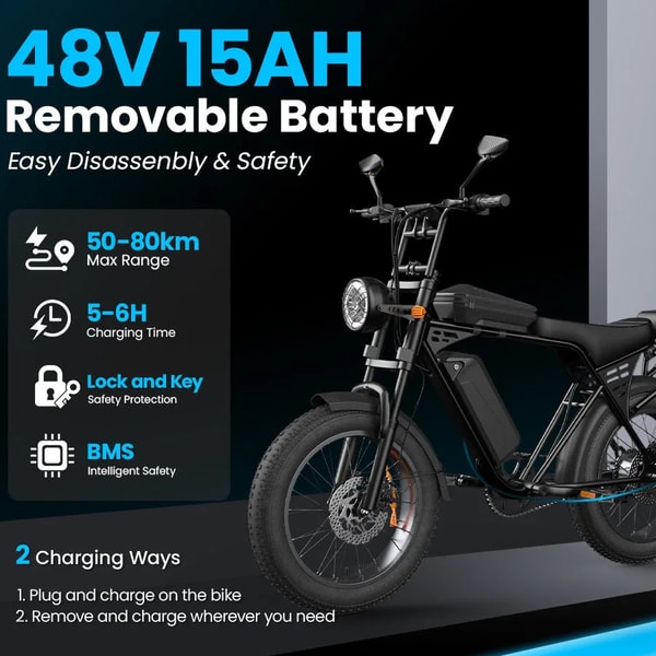 Aairsk X5 elektrische fatbike met verwijderbare 48V 15Ah accu, oplaadtijd en actieradiusinformatie