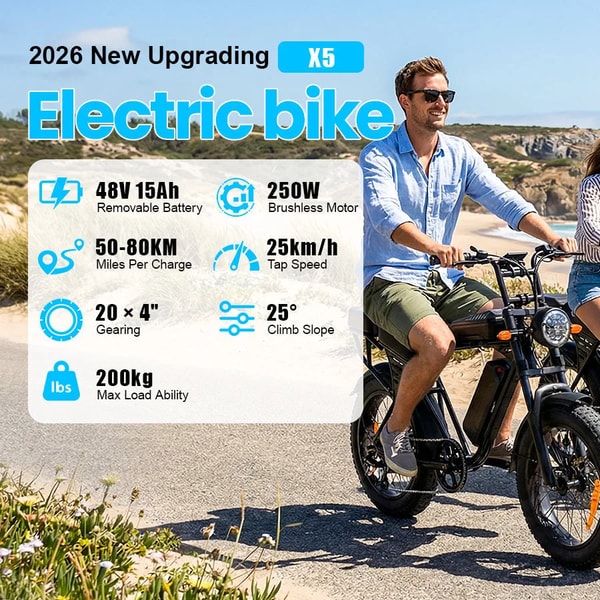 Aairsk X5 elektrische fatbike buiten bereden met specificaties voor motor, accu, snelheid en actieradius
