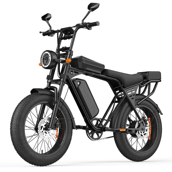 Zwarte Aairsk X5 elektrische fatbike getoond vanuit een driekwart vooraanzicht met de verwijderbare accu in de onderbuis, bagagedrager, voorvering en brede fatbike banden