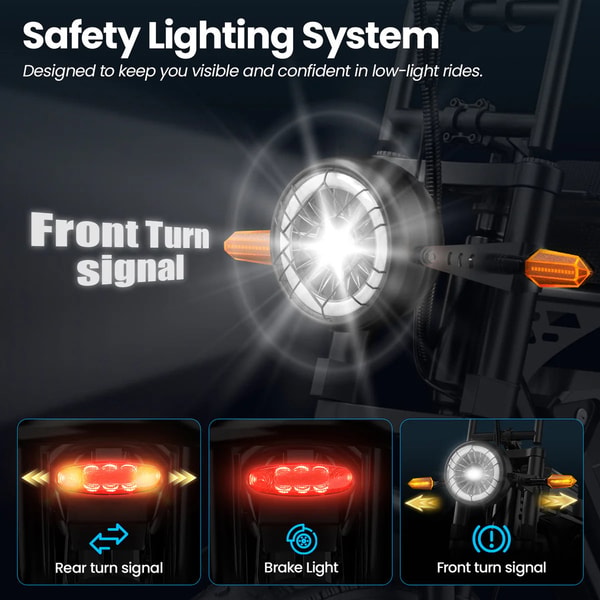 Aairsk X5 voorlicht en richtingaanwijzers verlicht in een close-up van het veiligheidsverlichtingssysteem