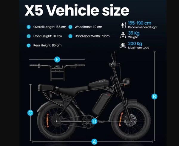 Aairsk X5 elektrische fatbike afmetingen diagram dat wielbasis, stuurbreedte, hoogte en maximaal laadvermogen toont
