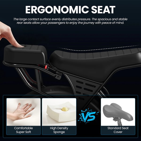 Aairsk X5 ergonomisch rijderszadel en achterpassagiersstoel close-up met vergelijking van comfortabele vulling