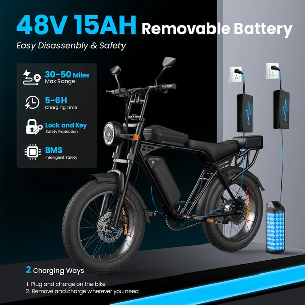 Aairsk X5 elektrische fatbike met verwijderbare 48V 15Ah accu, oplaadopties en accuveiligheidsfuncties