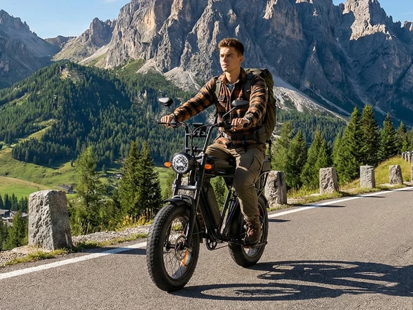 Aairsk X5 rijder die de elektrische fatbike gebruikt op een bergweg met een bebost alpenlandschap