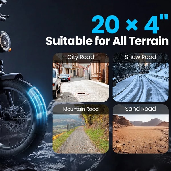 Aairsk X5 20 bij 4 inch fatbike band getoond voor rijden in de stad, sneeuw, bergen en zandterrein